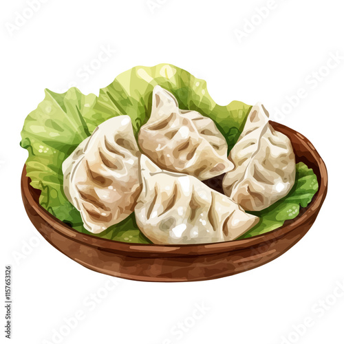A watercolor illustration of Chinese dumplings with pork and cabbage, isolated on a white background. Dumplings vector.
