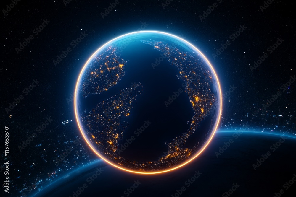 Fototapeta premium Earth at Night From Space - Global illumination, technological advancement, human impact, environmental awareness, future potential.