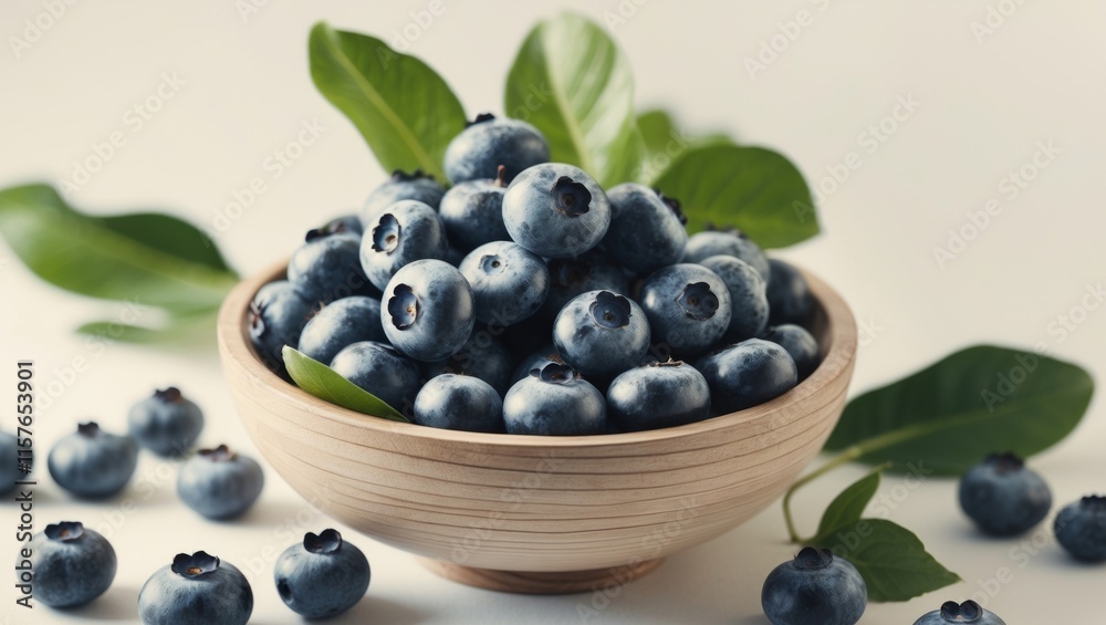 Fresh blueberries in a wooden bowl with green leaves scattered around for a healthy snack option Fresh blueberries in a wooden bowl with green leaves scattered around for a healthy snack option