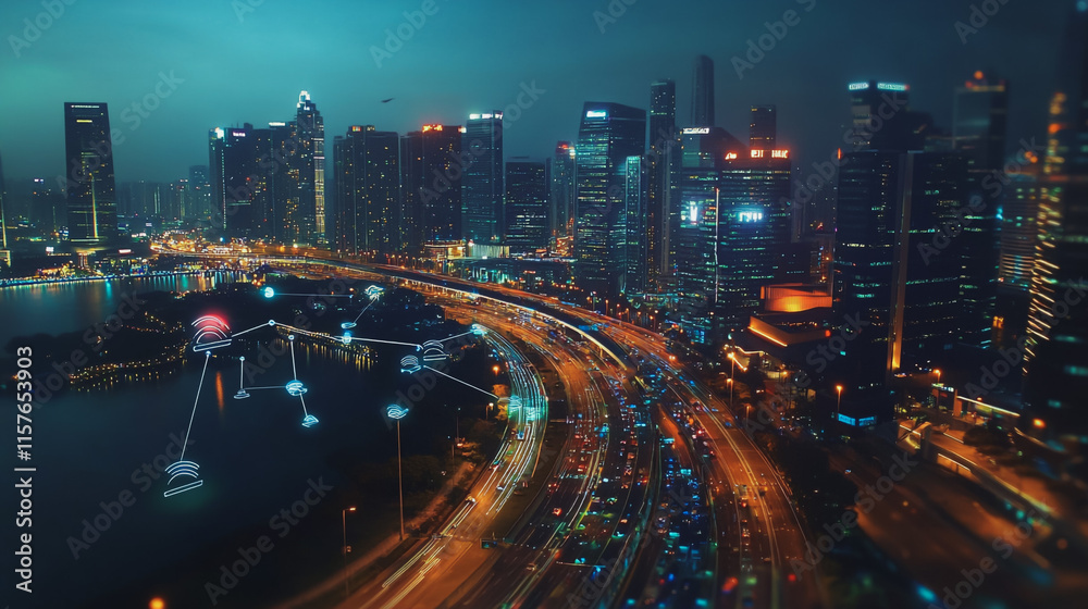 Naklejka premium Smart digital Innovation city with connection network reciprocity over the cityscape. of future smart wireless digital city and social media networking systems that connects people with in city