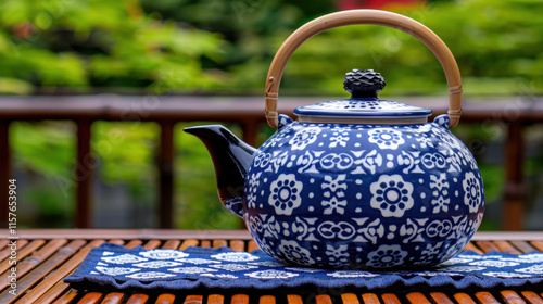 A traditional blue and white porcelain teapot with intricate floral patterns placed on a bamboo table in a lush green outdoor setting.
 photo