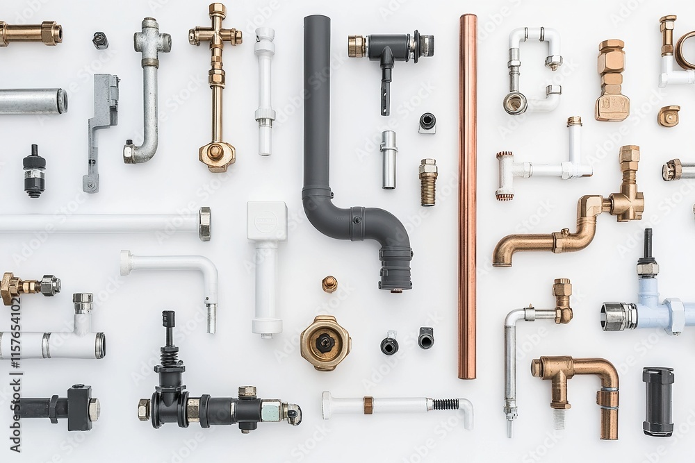 Industrial Plumbing Components Displayed in Minimalist Style on White Background Industrial Plumbing Components Displayed in Minimalist Style on White Background