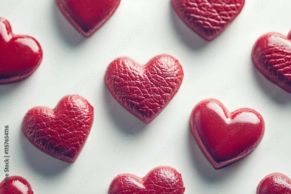 Colorful red heart-shaped candies arranged on a white background for celebration and love Colorful red heart-shaped candies arranged on a white background for celebration and love