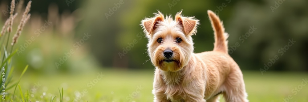 A charming Dandie Dinmont Terrier with a soft ginger coat and endearing gaze stands proudly on a lush green lawn outdoors ready for play A charming Dandie Dinmont Terrier with a soft ginger coat and endearing gaze stands proudly on a lush green lawn outdoors ready for play