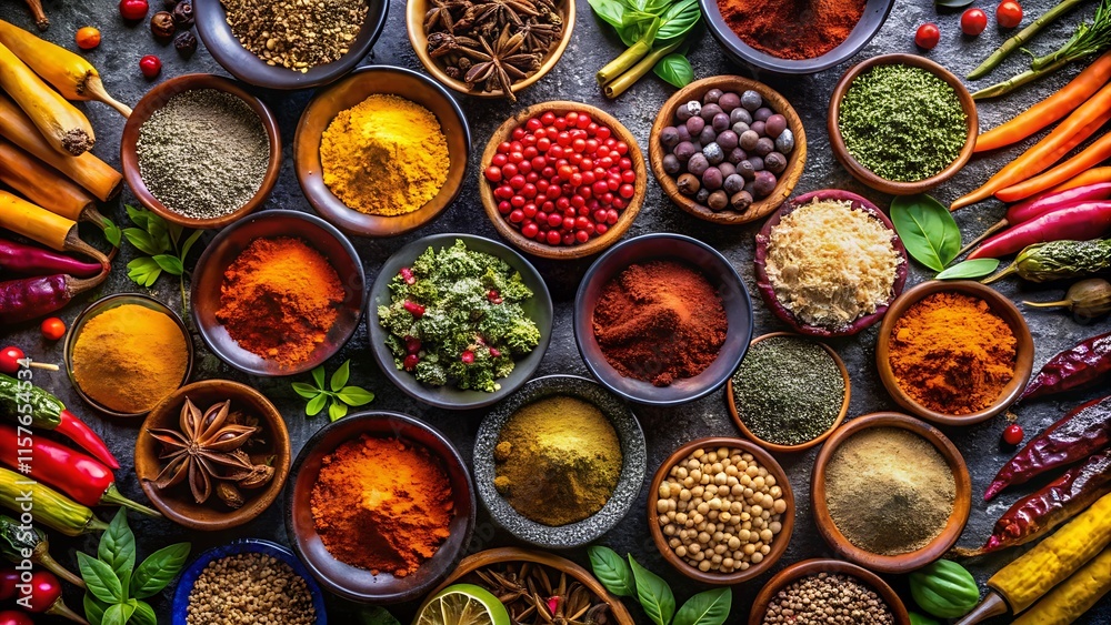 Colorful spices and herbs arranged in rows Colorful spices and herbs arranged in rows