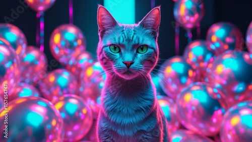 futuristic cat in party atmosphere with neon lights and balloons photo