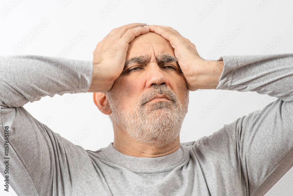 Mature man clutching his head with his hands. Older man suffers from headache, forgetfulness, memory problems. Mature man clutching his head with his hands. Older man suffers from headache, forgetfulness, memory problems.