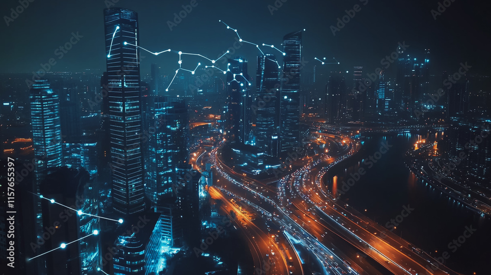 Naklejka premium Smart digital Innovation city with connection network reciprocity over the cityscape. of future smart wireless digital city and social media networking systems that connects people with in city