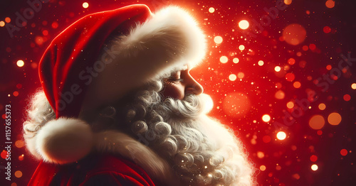 Christmas. Santa Claus with a big white beard on a red background. Generated AI