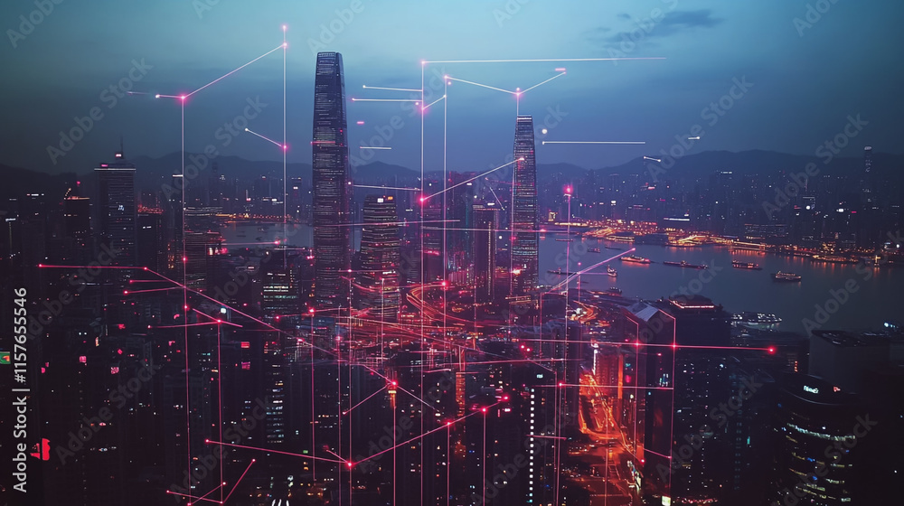 Fototapeta premium Smart digital Innovation city with connection network reciprocity over the cityscape. of future smart wireless digital city and social media networking systems that connects people with in city