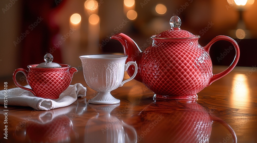Fototapeta premium Elegant red teapot with white cup and sugar bowl on polished wooden table