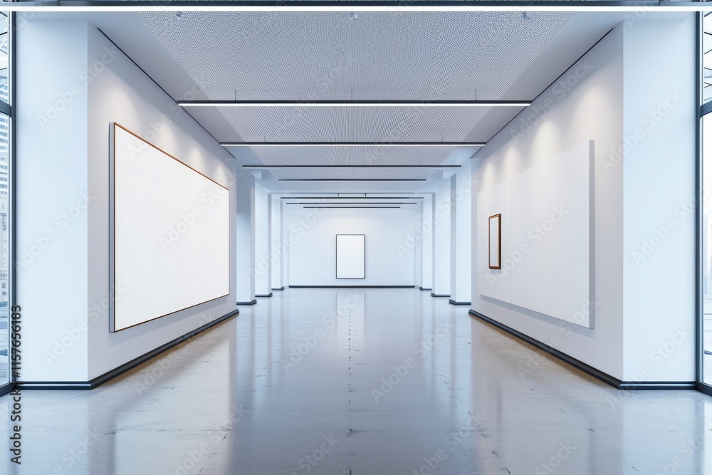 Modern Gallery Interior with Blank White Walls - Luxury Art Exhibition Concept Modern Gallery Interior with Blank White Walls - Luxury Art Exhibition Concept