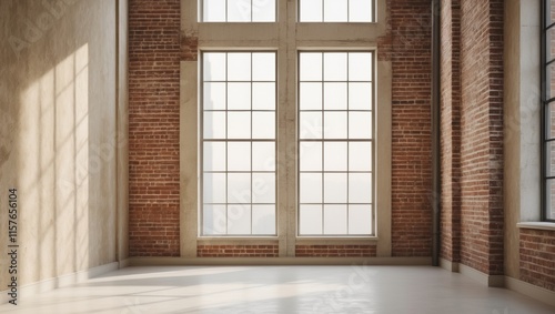 Urban loft with exposed brick high ceilings and industrial windows flooded with natural light photo