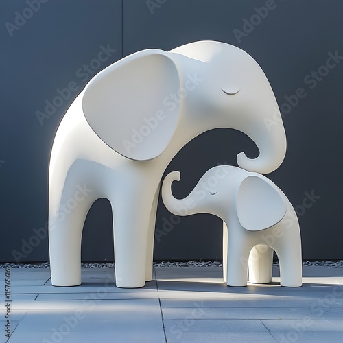 Abstract minimalist fiberglass sculpture of two elephants, large and small, facing each other, trunks hooked together, no eyes, no details photo