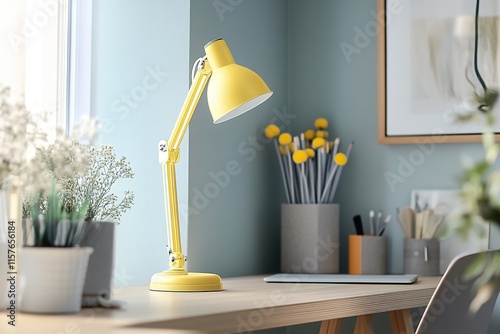 Cozy workspace featuring yellow lamp, vibrant flowers, and minim photo