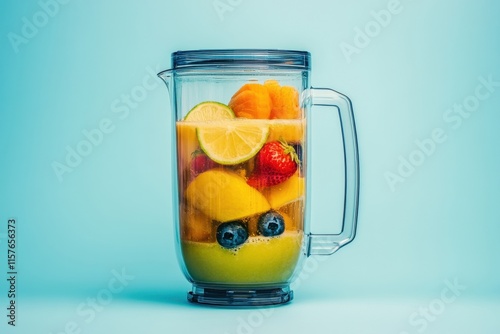 Fresh fruit blender filled with vibrant tropical ingredients ready for smoothie preparation photo