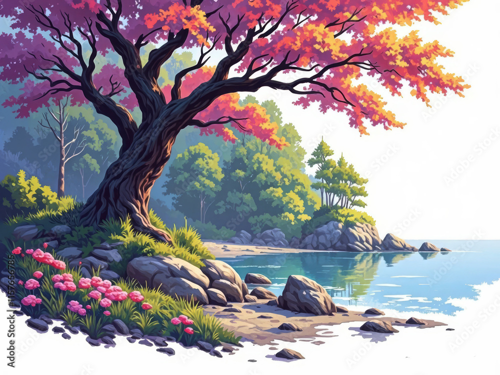 Serene gnarled tree with pink and red leaves on a rocky seashore under soft natural light Serene gnarled tree with pink and red leaves on a rocky seashore under soft natural light