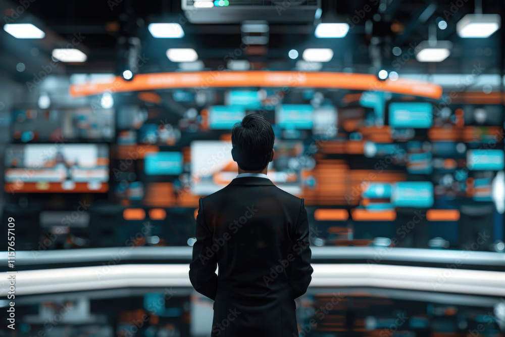 A background image withnews presenter reading the news in a modern news room counter․ A background image withnews presenter reading the news in a modern news room counter․