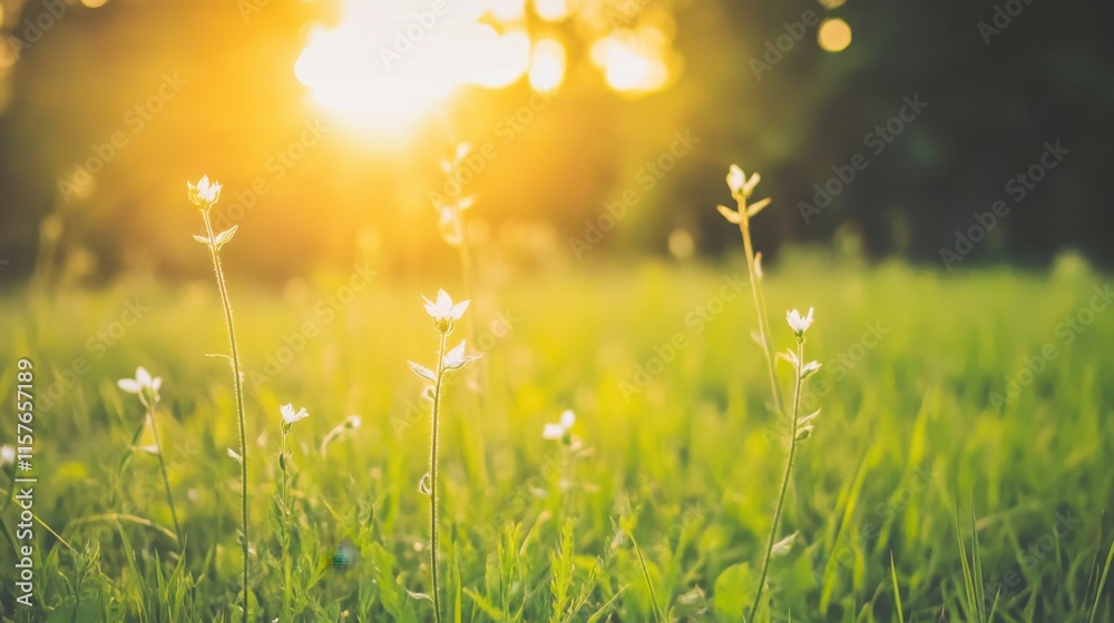 Fototapeta premium Sunlit Meadow with Blooming Flowers and Soft Golden Light at Sunrise