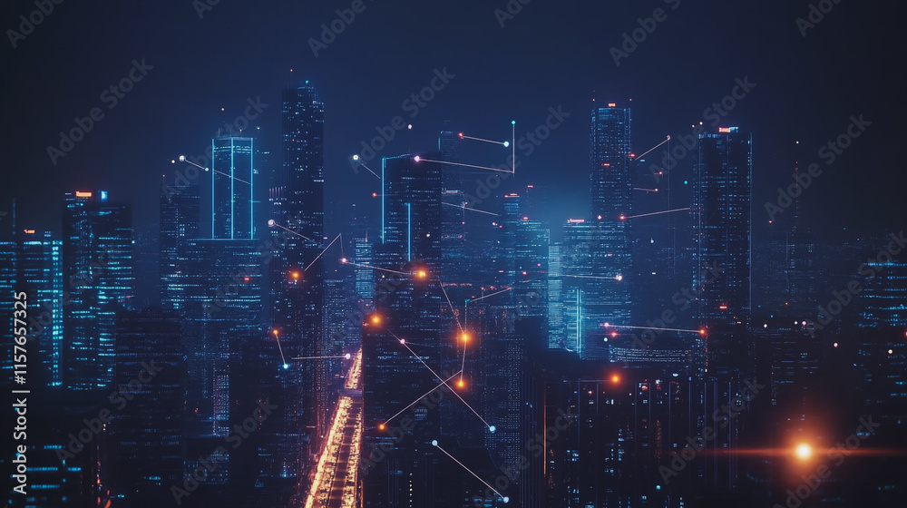 Smart digital Innovation city with connection network reciprocity over the cityscape. of future smart wireless digital city and social media networking systems that connects people with in city Smart digital Innovation city with connection network reciprocity over the cityscape. of future smart wireless digital city and social media networking systems that connects people with in city