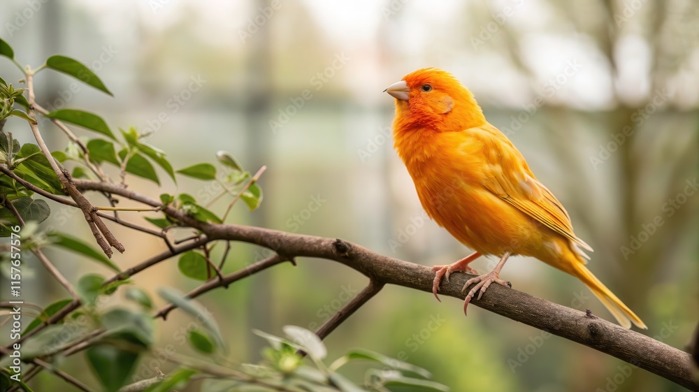 Bright Orange Canary Perches Gracefully on Branch in Serene Natural Setting During Soft Light. Generative AI Bright Orange Canary Perches Gracefully on Branch in Serene Natural Setting During Soft Light. Generative AI