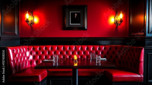 Luxurious Deep Red Vint Bar Interior - Elegant, intimate, sophisticated, romantic, plush red leather booth seating in a dimly lit bar with deep red walls. photo