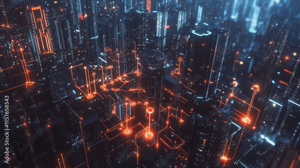 Smart digital Innovation city with connection network reciprocity over the cityscape. of future smart wireless digital city and social media networking systems that connects people with in city