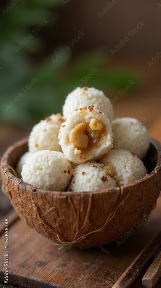 Coconut Shell Bowl Filled With Cambodian Sticky Rice Balls and Sweet Mung. Generative AI Coconut Shell Bowl Filled With Cambodian Sticky Rice Balls and Sweet Mung. Generative AI