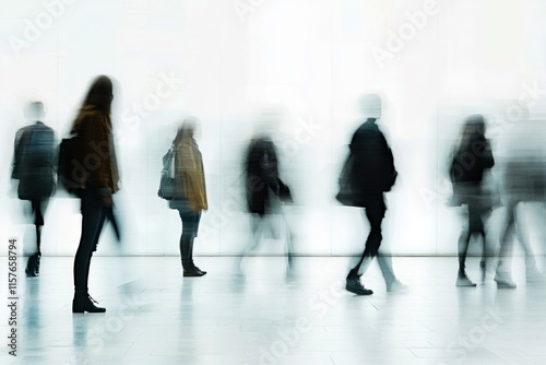 Two young women standing out from the crowd in motion blur