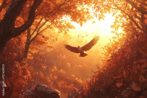 Eagle flying through golden autumn forest at sunset photo