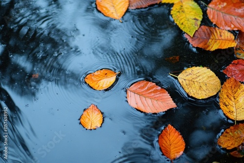 Colorful autumn leaves floating on water surface creating ripples