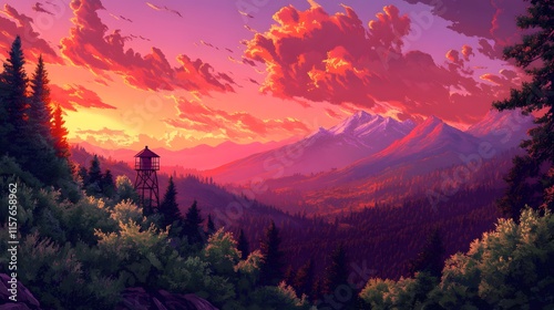 Vibrant Sunset Over Firewatch Tower photo