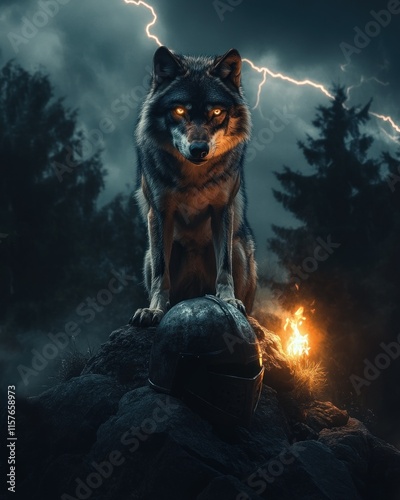 Lone wolf guarding helmet under stormy sky photo