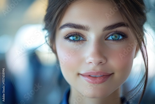 Beautiful young woman with blue eyes smiling