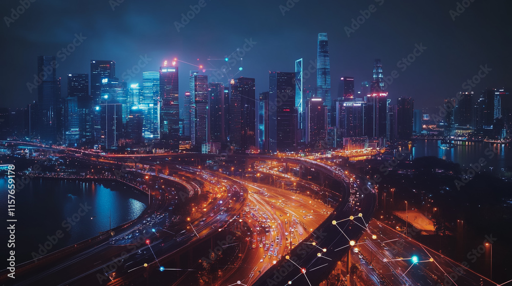 Fototapeta premium Smart digital Innovation city with connection network reciprocity over the cityscape. of future smart wireless digital city and social media networking systems that connects people with in city