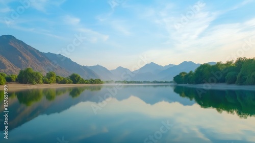 Serene Landscape of Calm Lake with Mountains and Trees Under Blue Sky