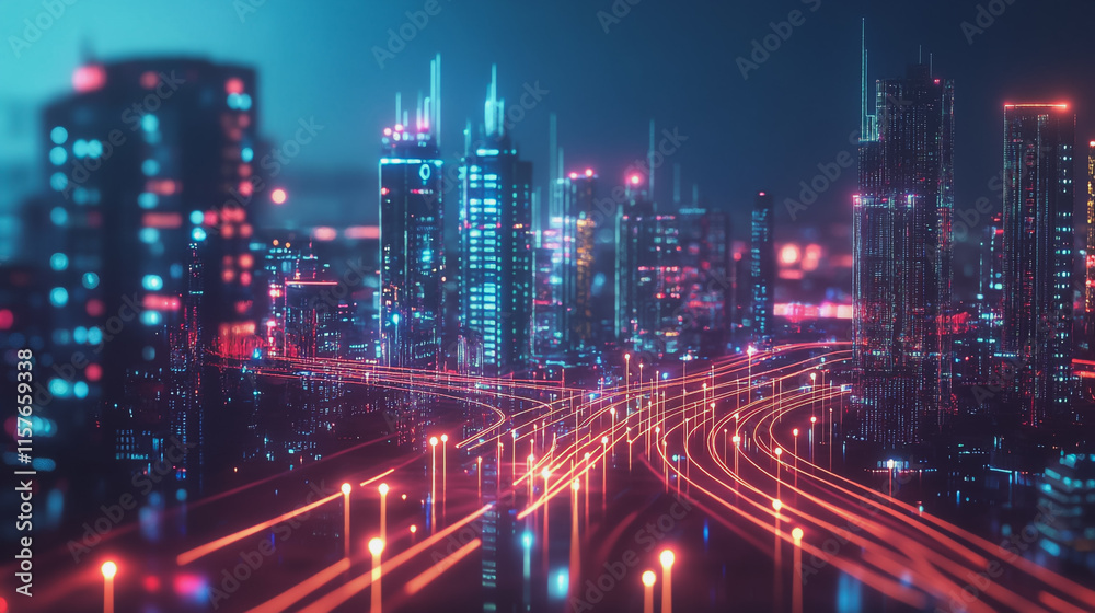Smart digital Innovation city with connection network reciprocity over the cityscape. of future smart wireless digital city and social media networking systems that connects people with in city Smart digital Innovation city with connection network reciprocity over the cityscape. of future smart wireless digital city and social media networking systems that connects people with in city