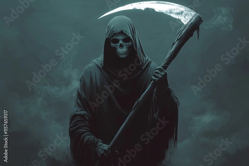 Grim reaper holding scythe surrounded by fog