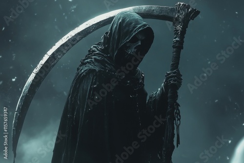 Grim reaper holding scythe on dark background