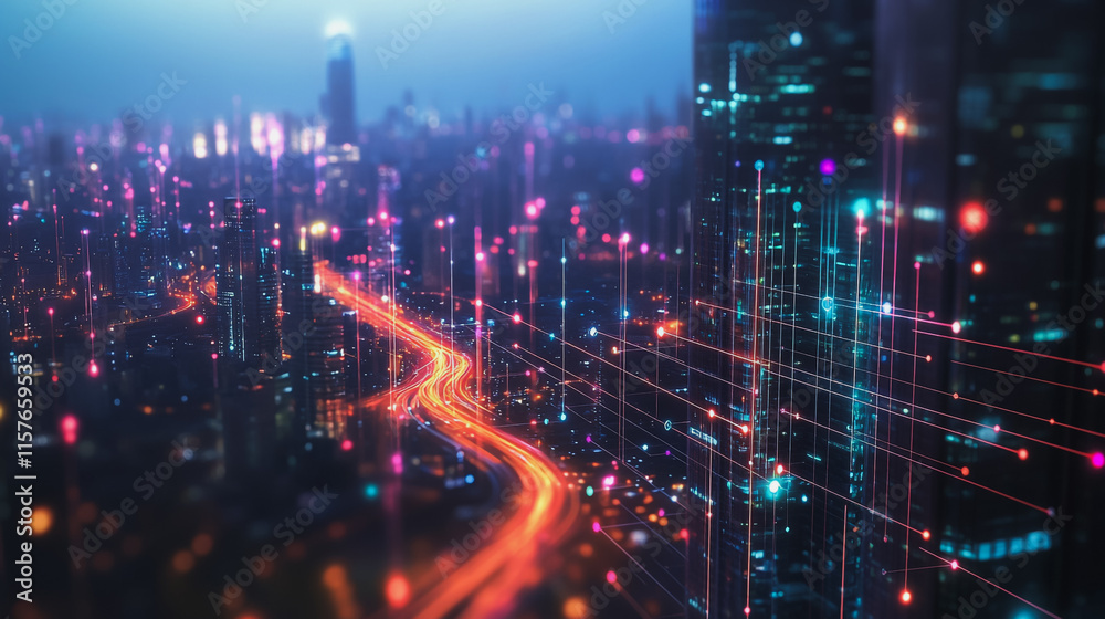Fototapeta premium Smart digital Innovation city with connection network reciprocity over the cityscape. of future smart wireless digital city and social media networking systems that connects people with in city