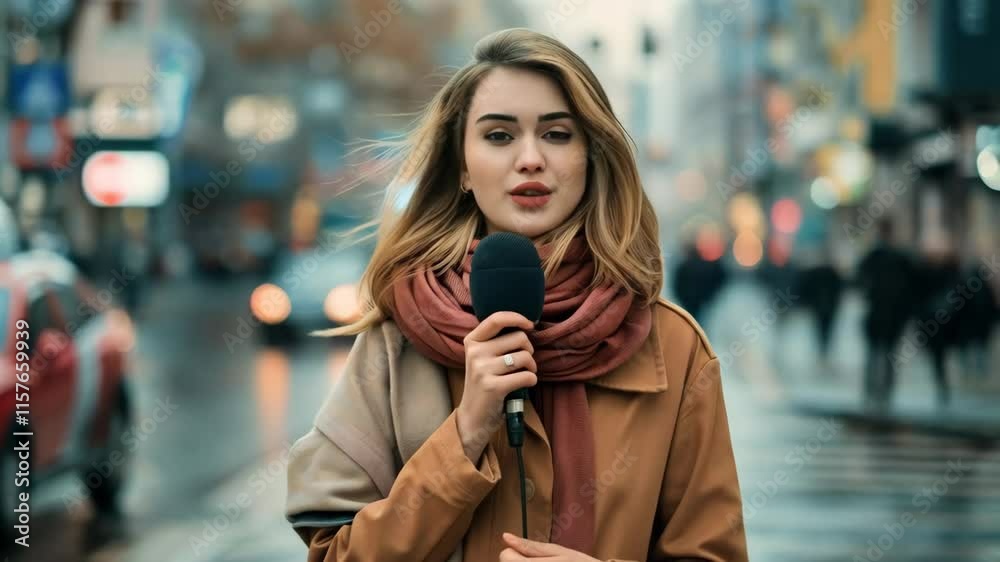 young woman reporter with microphone on the street