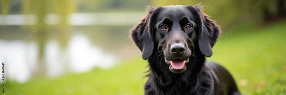 A charming Flat-Coated Retriever with expressive eyes poses against a serene nature backdrop of a pond and lush green grass showing off its dark coat and friendly disposition A charming Flat-Coated Retriever with expressive eyes poses against a serene nature backdrop of a pond and lush green grass showing off its dark coat and friendly disposition