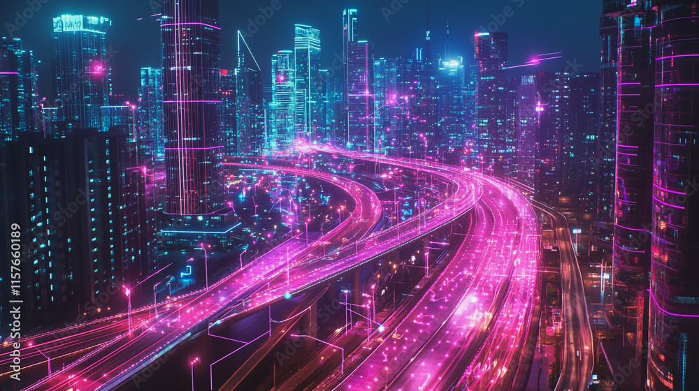 Fototapeta premium Smart digital Innovation city with connection network reciprocity over the cityscape. of future smart wireless digital city and social media networking systems that connects people with in city