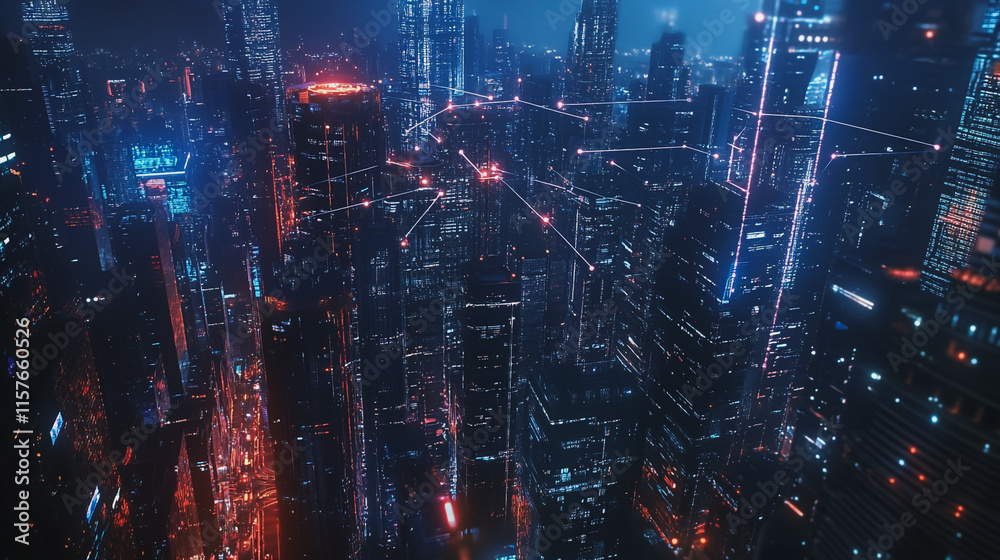 Fototapeta premium Smart digital Innovation city with connection network reciprocity over the cityscape. of future smart wireless digital city and social media networking systems that connects people with in city