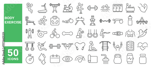 Set of 50 line icons related to body exercise, muscle, strength, training, fitness, cardio, workout, coach, cycle, Editable stroke. Vector illustration