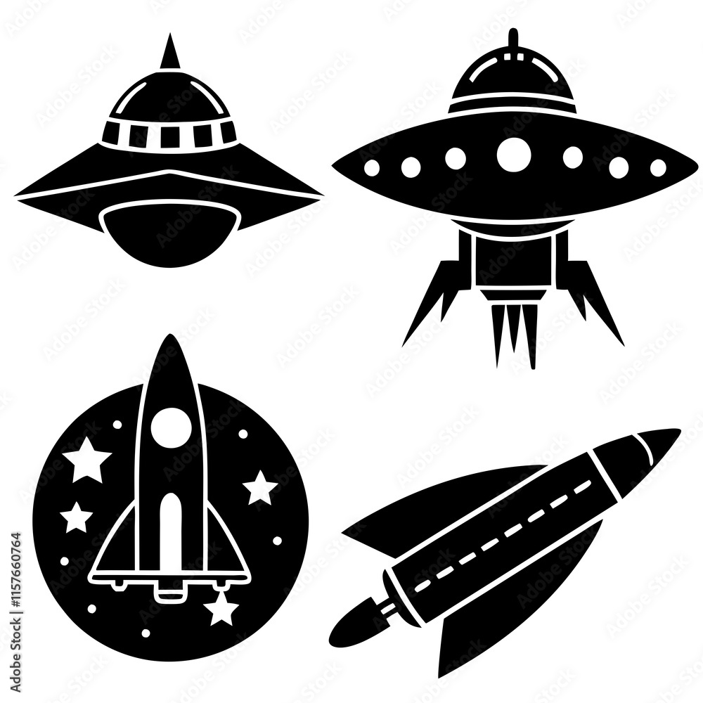 Spacecraft silhouettes against icon design on a white background Spacecraft silhouettes against icon design on a white background