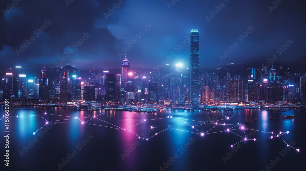 Fototapeta premium Smart digital Innovation city with connection network reciprocity over the cityscape. of future smart wireless digital city and social media networking systems that connects people with in city