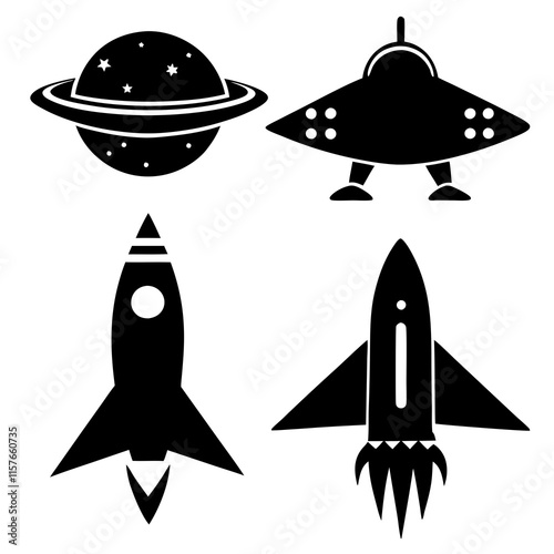 Spacecraft silhouettes against a white background