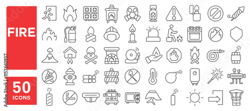 Set of 50 line icons related to fire, flame, lighter, campfire, stove, lantern, bonfire, fireproof, torch, match, Editable stroke. Vector illustration