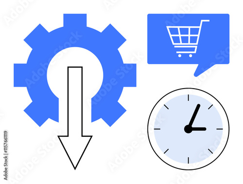 Gear with downward arrow, shopping cart in speech bubble, and clock symbolizes optimization, e-commerce, time management. Ideal for business automation, online shopping, productivity, workflow